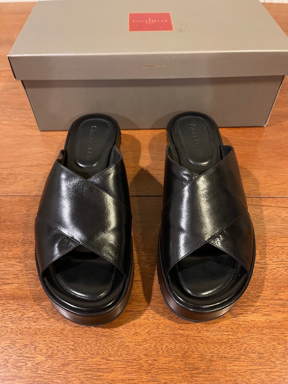 NEW Cole Haan Black Leather Criss-Cross Platform Sandals Women's 6.5